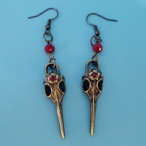 Antique Bronze Crow Skull Earrings with Red Bead and Crystal